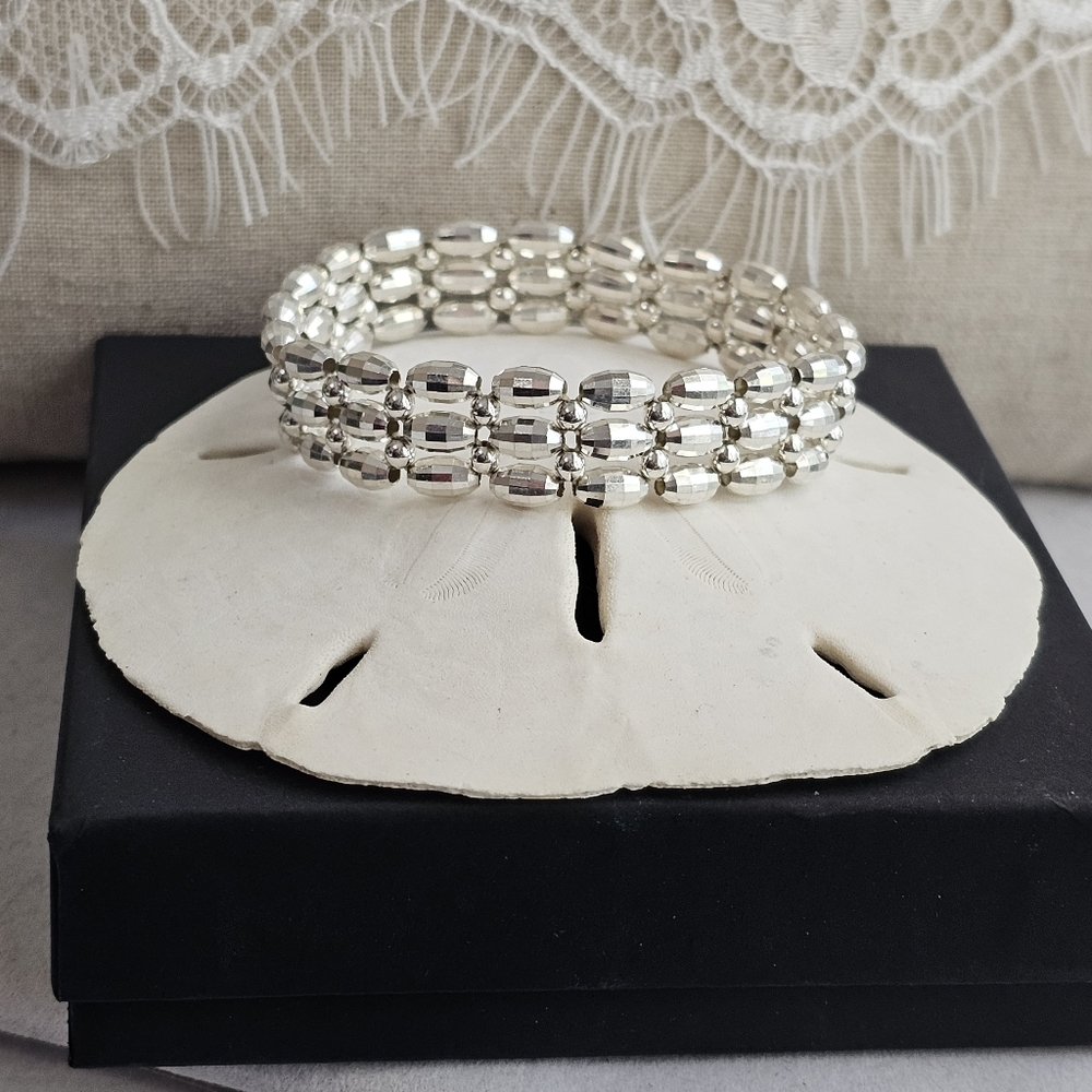Sterling 925 Silver Bead Stretch Triple-Row Bracelet
